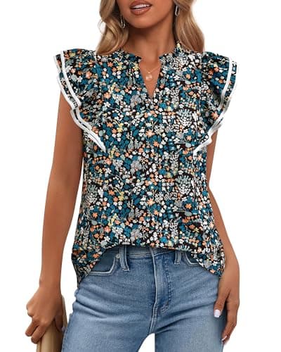 BTFBM Womens Tops Dressy Casual 2026 Spring Summer Shirts Boho Floral V Neck Ruffle Cap Sleeve Business Work Blouses(Floral Black Blue, Medium) - Image 1