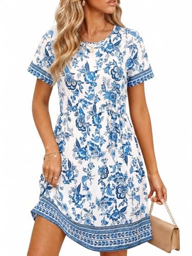 Wenrine Summer Dresses for Women 2026 T Shirt Casual Crew Neck Dresses Short Sleeve Loose Beach Mini Dress with Pockets - Image 1
