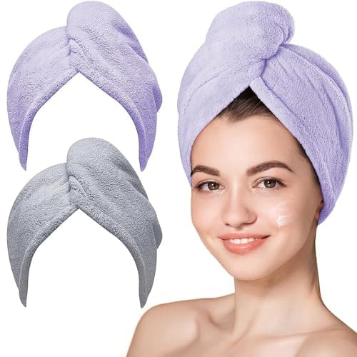 Hicober Microfiber Hair Towel, 2Packs Hair Turbans for Wet Hair, Drying Hair Wrap Towels for Curly Hair Women Anti Frizz (Purple,Grey) - Image 1