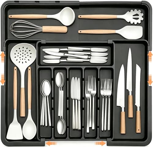 Spaclear Silverware Organizer Expandable Kitchen Utensil Drawer Organizer Large BPA Free Adjustable Cutlery Silverware Tray for Spoons Forks Knives Storage Divider for Kitchen Flatware 6-9 Slots Black - Image 1