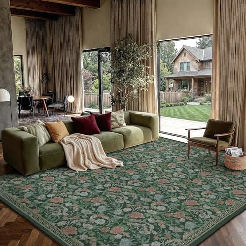 HUGEAR Retro Area Rugs 6x9 Washable Living Room Bedroom Rugs Vintage Floral Throw Carpet Green Stain Resistant Non Slip Low Pile for Home Aesthetic Modern Decor - Image 1