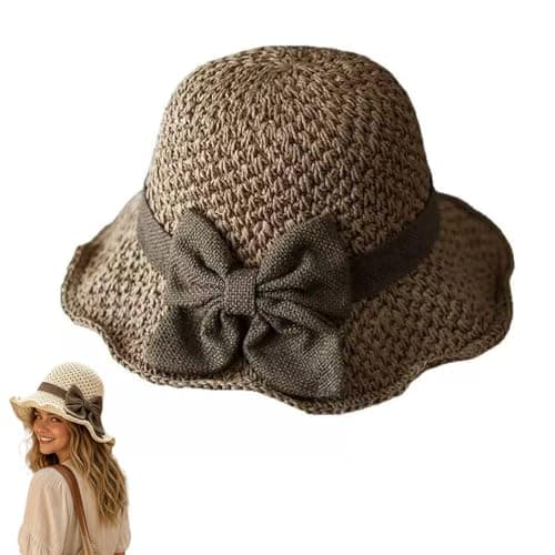 Elegant Woven Straw Sun Hat with Bow Summer Beach Sun Straw Hats for Women Wide Brim Packable Travel Bucket Hats Coffee - Image 1