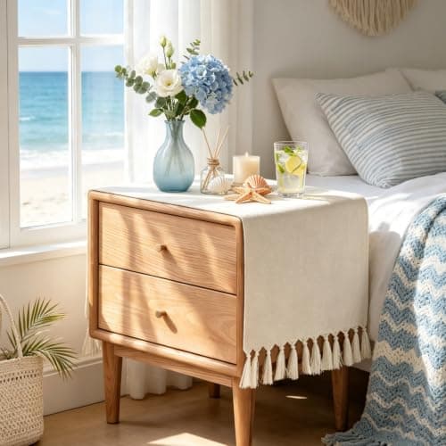 yuboo 36 Inches Boho Nightstand Dresser Cover Top for Bedroom, Short Cream Small Farmhouse Coffee Table Runner , Rustic Table Cover for Bedside Table, End Table, Nightstands, TV, Spring Table Decor - Image 1