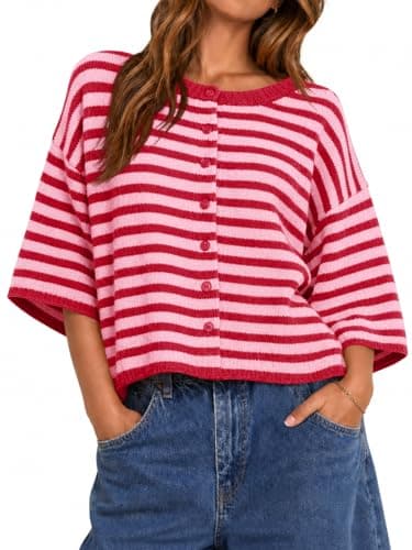 Saodimallsu Womens Short Sleeve Cardigan Cropped Striped Button Down Oversized Lightweight Knit Summer Sweater Tops Red - Image 1