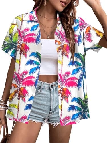 Button Down Hawaiian Shirt for Women Tropical Floral Tshirt Summer Beach Vacation Tops White - Image 1