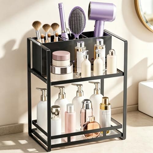 SanDream Hair Tool Organizer Bathroom Countertop, 2-Tier Metal Bathroom Organizer with Blow Dryer Holder, Large Capacity Space-Saving Vanity Shelf for Perfume, Skincare & Makeup Storage (Black) - Image 1