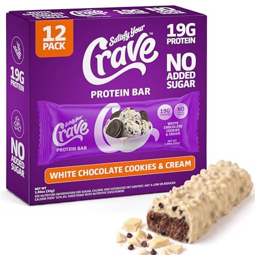 Satisfy Your Crave Protein Bars– High Protein Delicious Snacks– 19g of Protein, No Added Sugar– White Chocolate Cookies & Cream– Perfect Breakfast, On-the-Go Snack, Pantry Staple & Office Treat– Non-GMO, 12 Pack - Image 1