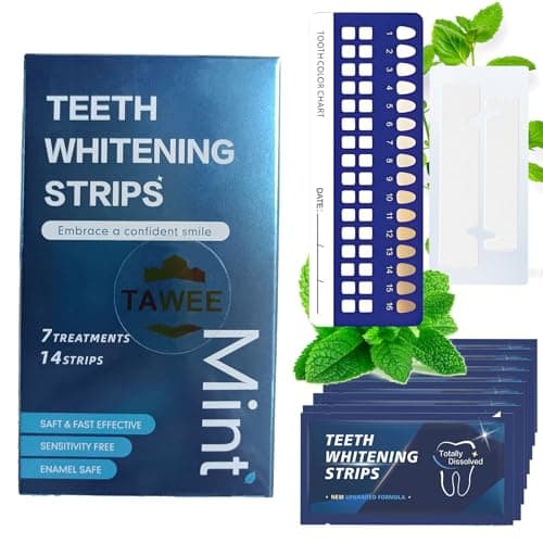 TAWEE Teeth Whitening Strips Peroxide Free Enamel Safe for Sensitive Tooth 14 Whitening Strips Whitens Teeth & Removes Yellow Stains 7 Treatments Each with 1 Upper/1 Lower Mint Flavor - Image 1