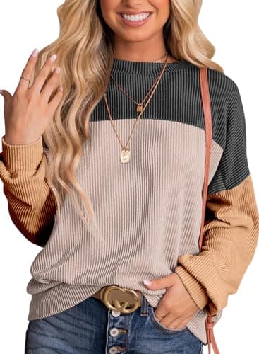 Dokotoo Women's Clothing Fall Fashion 2026 Casual Long Sleeve Shirts Crewneck Color Block Teacher Waffle Striped Shirt Knitted Pullover Blouses Womens Clothes Winter Tunic Tops Sweaters Black - Image 1