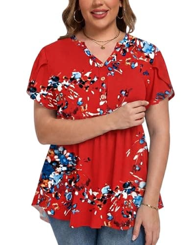 PLOKNRD Womens Tops Dressy Casual Short Sleeve Tunic Tops Floral T-Shirts V-neck Summer Blouse Casual Pleated Pullove 2026 2X - Image 1