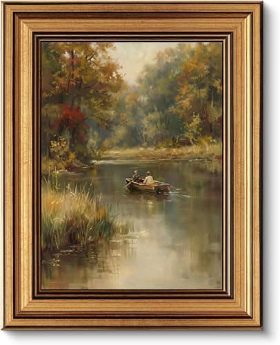 Gold Framed Wall Art, Country Fisherman Canvas Prints, Vintage Rowboat River Fall Landscape Picture Wall Decor, Rustic Farmhouse Cottagecore Artwork for Living Room Bedroom 9x11 inch - Image 1