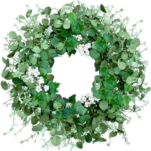Qingbei Rina Spring Wreaths for Front Door 22 Inch, Eucalyptus Door Wreath with White Berry, Maple Leaf, Green Leaf Wreaths Indoor Outdoor, Farmhouse All Seasons Porch Home Decor - Image 1