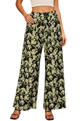 Women Elastic Waist Palazzo Wide Leg Zipper Button Black and Green Floral Print Viscose Rayon Loose Fit Tapered Dress Pant with Pockets for Office Vocation Wear to Work Casual Beach Trouser Small S - Image 1