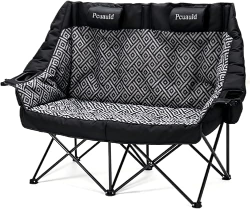 High Back Double Camping Chair Padded Folding Loveseat with Adjustable Pillows Heavy Duty 2 Person Camping Lawn Chairs for Adults with Cup Holders & Wine Racks for Outdoor Sports Beach Fishing - Image 1