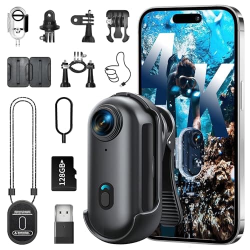4K Mini Body Camera, Wearable Action Body Cam, Sports Action Camera Thumb Size Hands-Free Recording Body Worn Camera, Portable Camcorder Mount Anywhere for Work, Travel,Fishing (Black, 128, GB) - Image 1