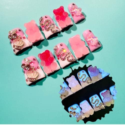IntoVibes Handmade Short Duck Press On Nails, Glow-In-The-Dark Bear And Y2K, 10 Pieces Reusable Acrylic False Nails, Size Large - Image 1
