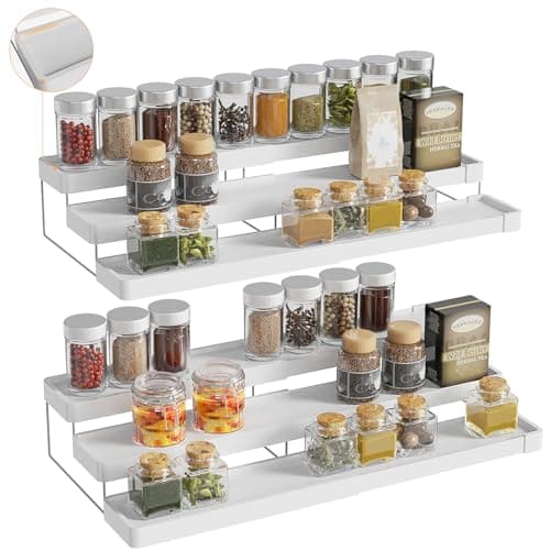 INVOCOO 2 Pack Expandable Spice Rack Organizer for Cabinet - 3 Tier Adjustable Cabinet Spice Organizer Easy Visibility - Spice Organizer for Cabinet Countertop Cupboard Pantry Organization (White) - Image 1