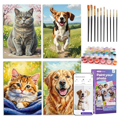 Caydo 4 Pack Custom Paint by Numbers Kit for Adults, Turn Your Photo into Paint Templates via App, A4 Canvases, 10 Brushes & 60 Colors, Relaxing Crafts Gift for Dog Lovers to Create Home Wall Art - Image 1