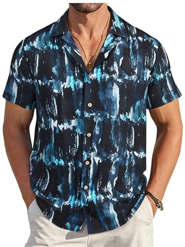 Damipow Mens Printed Linen Cotton Button Down Shirts Short Sleeve Casual Hawaiian Beach Shirt,Black Ink,M - Image 1