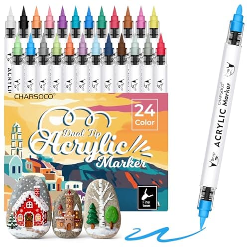 CHARSOCO Acrylic Paint Markers, 24 Colors Dual Tip Acrylic Paint Pens, Water-Based No-Bleed Markers with Automatic Ink Control System, Bullet & Brush Tip, Works on Paper, Wood, Ceramic, Rock,813-24pcs - Image 1