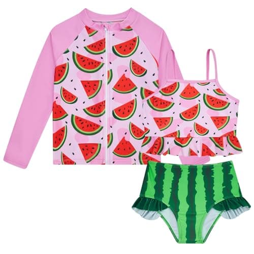 Funnycokid 3T 4T Swimsuit Kids Little Girls Pink Watermelon Bathing Suit Rashguard Sets Swimwear Sun Protection Long Sleeve 3 Piece Tankini Swimming - Image 1