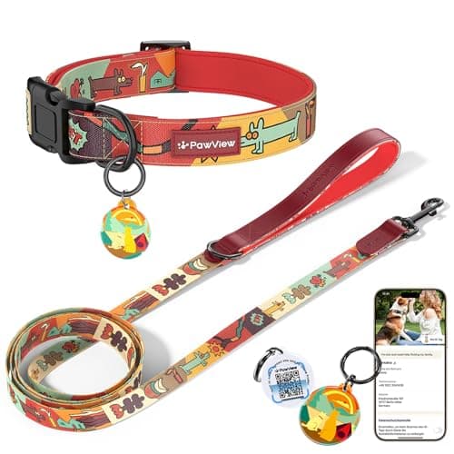 PawView Dog Collar and Leash Set, QR Tag Adjustable Pet Collar, 6 FT Heavy Duty Dog Leash, Padded Handle, Quick Release Buckle, Metal Ring, 360° Swivel Clip for Large Dogs Walking Running (Red, L)