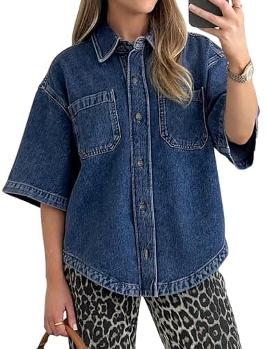POTILI Women's Denim Shirt, Button Down Short Sleeve Jean Shirts Casual Top Outfits Trendy Dark Blue - Image 1