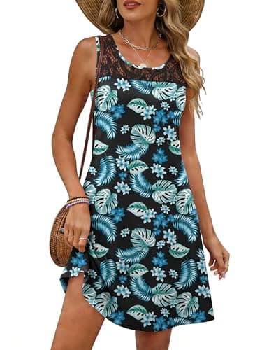 ANRABESS Womens Summer Floral Dresses Lace Crew Neck Sleeveless Sundress 2026 Mini Tank Dress Beach Cover Ups with Pockets Black Blue Green Leaf X-Large - Image 1