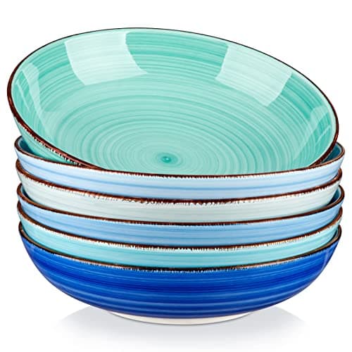 vancasso Bonita 38 oz Ceramic Pasta Bowls Set of 6, Microwave & Dishwasher Safe, 8.5 Inch Elegant Shallow Bowls Set for Pasta, Salad, & Soup – Large Capacity Pasta Plates Sets, Blue - Image 1