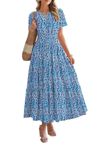 BTFBM Womens Summer Floral Maxi Dresses V Neck Short Sleeve Boho Casual Flowy Long Wedding Guest Dress Beach Vacation(Floral Dark Blue, Small) - Image 1