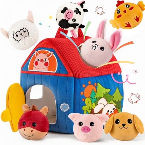 SAIMAND Baby Toys 6-12 Months, Barn with Stuffed Farm Animals, Montessori Toy for Babies, Sensory Toys for Toddlers 1-3, Portable Baby Farmhouse Toy, Birthday Gift for Infants & Toddlers - Image 1