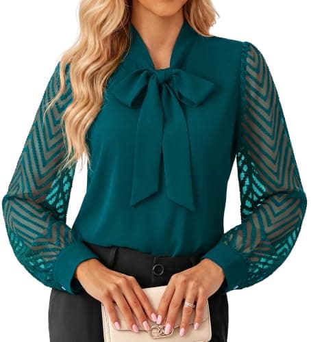 GRACE KARIN Women Bow Tie Neck Tops 2026 Fall Lace Long Sleeve Blouse Business Dressy Casual Shirt Work Office Formal Peacock Blue X-Large - Image 1