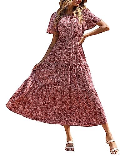 PRETTYGARDEN Women's Summer Casual Short Flutter Sleeve Round Neck Smocked Waist Tiered Boho Floral Flowy Maxi Dress(Floral Wine Red,Large) - Image 1