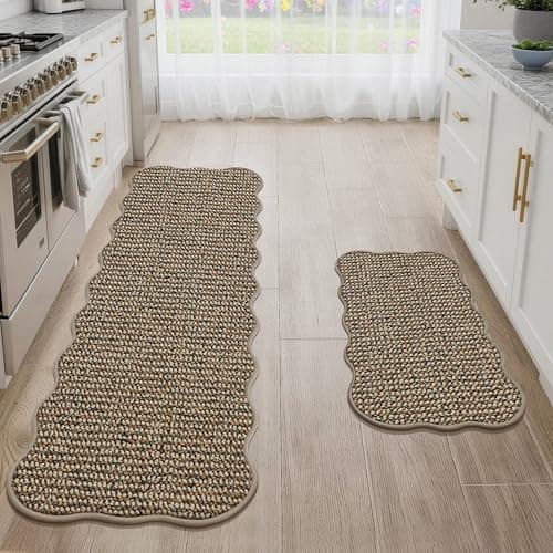 JSEI Scalloped Kitchen Rugs and Mats 2PCS, Kitchen Mats for Floor, Non-Slip Washable Kitchen Runner, Absorbent Rugs for Kitchen, Laundry & Sink, 17"x30"+17"x60", Taupe - Image 1