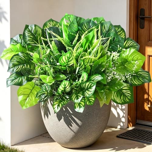 Livole 12Pcs 12 Styles Artificial Plants Outdoor Realistic UV Resistant Artificial Flowers Large Bunches Faux Plants Greenery Stems Boston Fern for Garden Porch Planter Window Box Home Decor - Image 1
