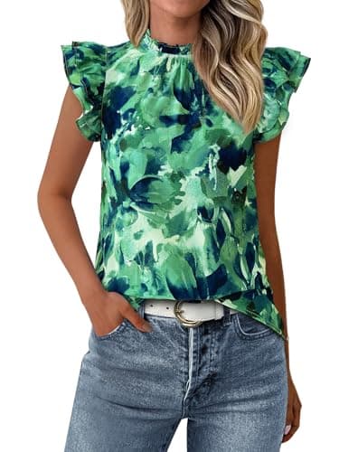 PRETTYGARDEN Women's Ruffle Short Sleeve Summer Spring Tops 2026 Trendy Floral Trim Neck Casual Dressy Chiffon Boho Blouses Shirts(Green Flower, XXL) - Image 1