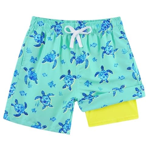 Kid Swim Trunks 8 9 Turtle Green Boys Bathing Suit with Compression Liner Green Turtle Boys Swim Shorts Size 8 9 with Pockets Swim Trunks Classical Summer Beach Shorts - Image 1