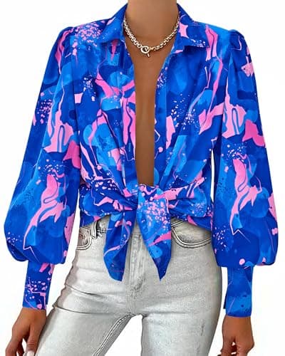 BTFBM Summer Blouses for Women Dressy Casual 2026 Long Sleeve Button Down Shirt V Neck Boho Spring Tops Fashion Clothing(Floral Blue Pink, Large) - Image 1