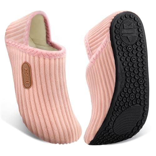 ATHMILE House Slippers for Women Men Lightweight Barefoot Slippers Indoor House Shoes Soft Corduroy Foldable Non Slip Travel Bedroom Hotel Office Camping Hospital Yoga Comfort Gifts Pink - Image 1