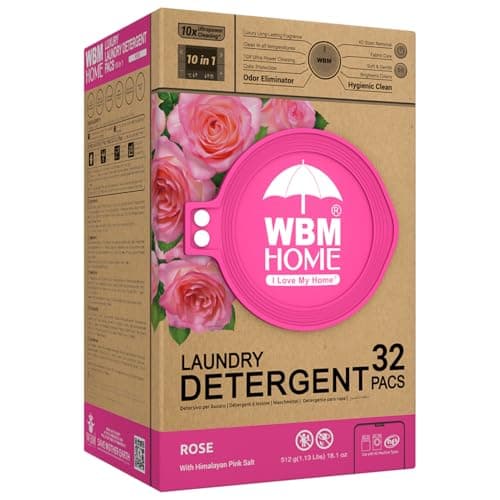 WBM 10-in-1 Laundry Detergent Pods, Ultra Concentrate, Powerful Stain Lifter, Fabric Softener, Rose Scent, 32 Count, HE Compatible, Eco-Friendly, Gentle - Image 1