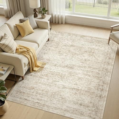 cotiled Washable Area Rugs for Living Room 5x7: Non Slip Low Pile Neutral Abstract Carpet Kid & Pet Friendly Stain Resistant Rugs for Bedroom Home Office Decor (5x7 Beige/Brown) - Image 1