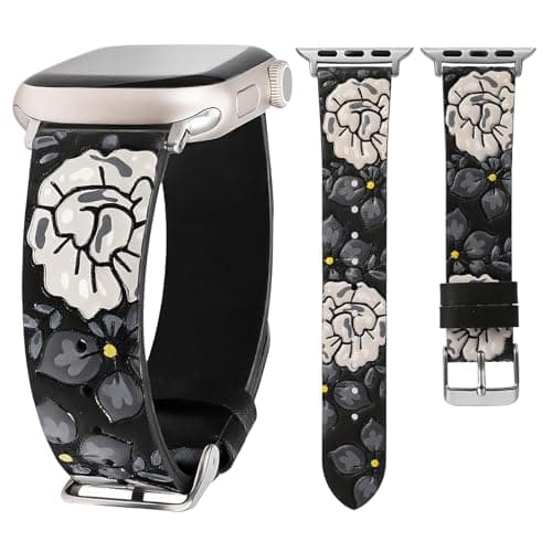 Moolia Floral Leather Band Compatible with Apple Watch Band 49/46/45/44/42mm Women, Cute Romantic Vintage Rose Pattern Strap for iWatch Series 11 10 9 8 7 6 5 4 3 2 1 SE/Ultra(1/2/3), Black/White
