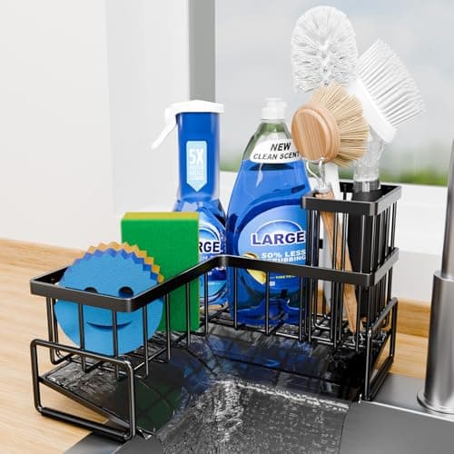 Fikoksol Large Sponge Holder for Kitchen Sink, 90-Degree Sink Caddy Organizer with Dish Brush Holder for Countertop Corner Storage Rack, Metal L-Shaped Kitchen Sink Sponge Soap Organizer Storage Ideas - Image 1