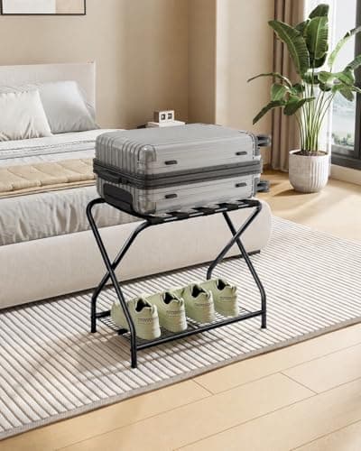 NEFROM Luggage Rack with Storage Shelf, Foldable Suitcase Stand, Heavy Duty Metal Luggage Holder, 150 lbs Top Capacity, 50 lbs Bottom Shelf, for Guest Room, Bedroom, Hotel LR-BK-1 - Image 1