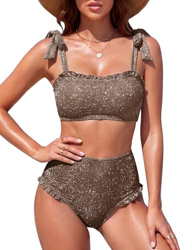 Blooming Jelly Womens High Waisted Bikini Sets Tummy Control Sparkly Ruffle Trim Two Piece Swimsuit 2026 Modest Cute Retro Bathing Suit (Medium, Caramel) - Image 1