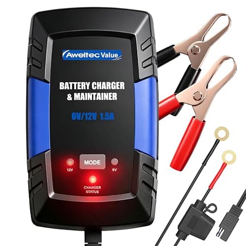 AWELTEC Smart Car Battery Charger,1.5A 6V/12V Maintainer,Automatic Tender Trickle Charger with Memory Function,LED Light,12FT Cables for Vehicle Lead-Acid & Lithium Batteries (Blue)
