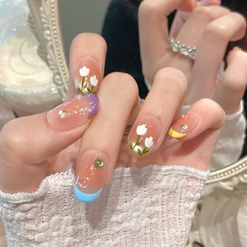 Yacey 3D Floral Handmade Press on Nails, Medium Oval Reusable False Nails Press Ons, Spring Colorful French Tips Thick Acrylic Fake Nails, Luxury Bling Glue on Nails for Women Girls (10 Pcs, M) - Image 1