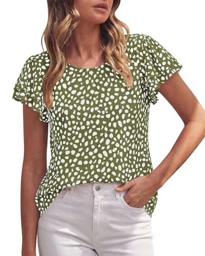Zenlonr Womens Short Ruffle Sleeve Tops, 2026 Crewneck Leopard Shirts,Summer Casual Blouses for Work,Going Out&Daily Wear(Dot Army Green White,Medium) - Image 1