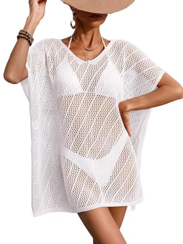 BreathSunny Womens Oversized Crochet Striped Knit Cap Sleeves Swimsuit Coverup Summer 2026 V Neck Side Slit Swimwear Coverups Beach Swim Bikini Bathing Suit Cover Up Mini Dress White L - Image 1