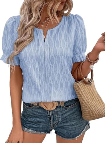 EVALESS Womens Clothes for Women Business Casual Spring Fashion Tops 2025 Blue Blouses for Work Cute Crewneck Short Puff Sleeve Shirts Teacher Outfits Holiday Trendy Summer Cloting, XX-Large - Image 1